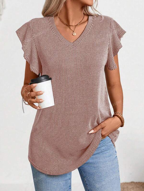 Camiseta casual de mujer de cuello en V de manga corta con volantes y costillas para el verano