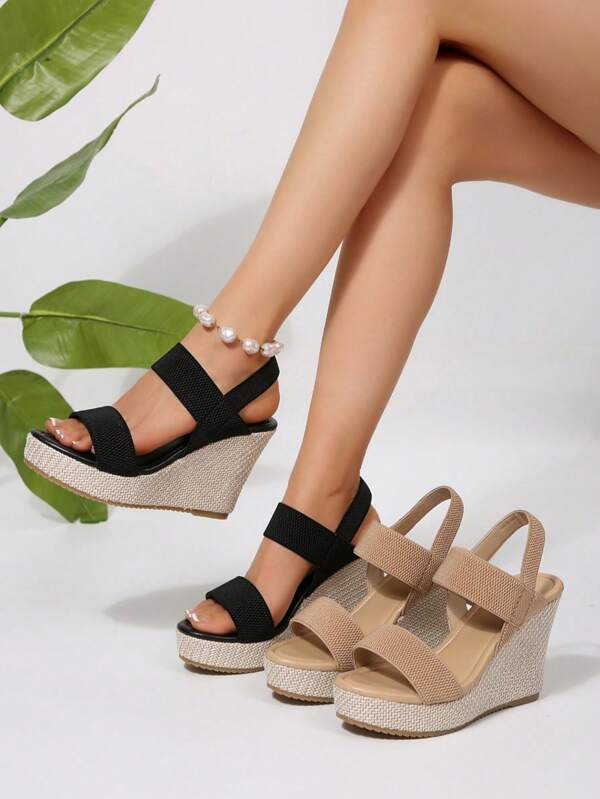 Women's Solid Color Linen Platform Sandals, Casual Open-Toe Thick Sole Shoes, Fashionable Slip-On Flat Sandals