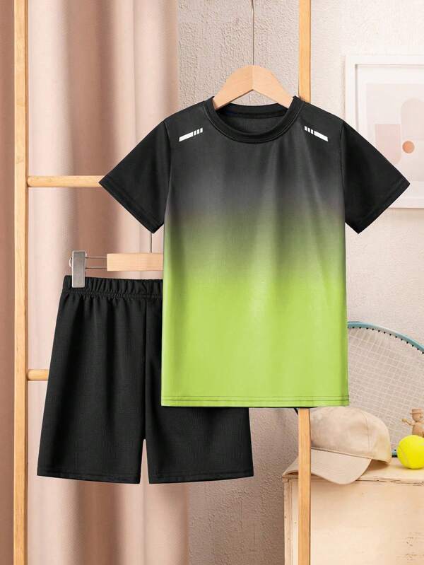 2pcs/Set Boys' Casual Sports Gradient Print T-Shirt & Solid Color Shorts, Football Jersey Suit For Kids, Suitable For Sports, Daily Wear, Warm-Up Training