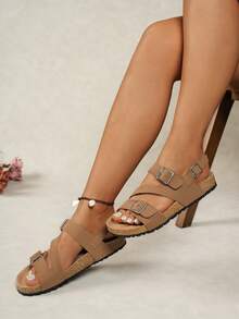 女士经典夏季拖鞋，软底复古时尚休闲户外凉鞋，轻便舒适露趾沙滩平底鞋，可调节搭扣防滑带凉鞋 - 棕色 - 查看 2