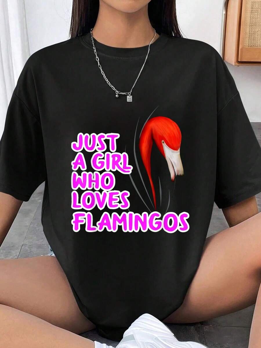 % Algodón Sólo una chica que ama las camisetas de flamencos para mujeres - Negro - Ver 1
