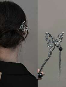 1Pc New Chinese Style Butterfly Flower Tassel Hair Stick For Women Vintage Metal Hanfu Chopstick Hair Sticks Hair Accessories Hair Bun Hair Pin Hair Bun Maker Bun Hair Piece Hair Styling Pins, School Stuff, Head Accessories - Multicolor - View 7