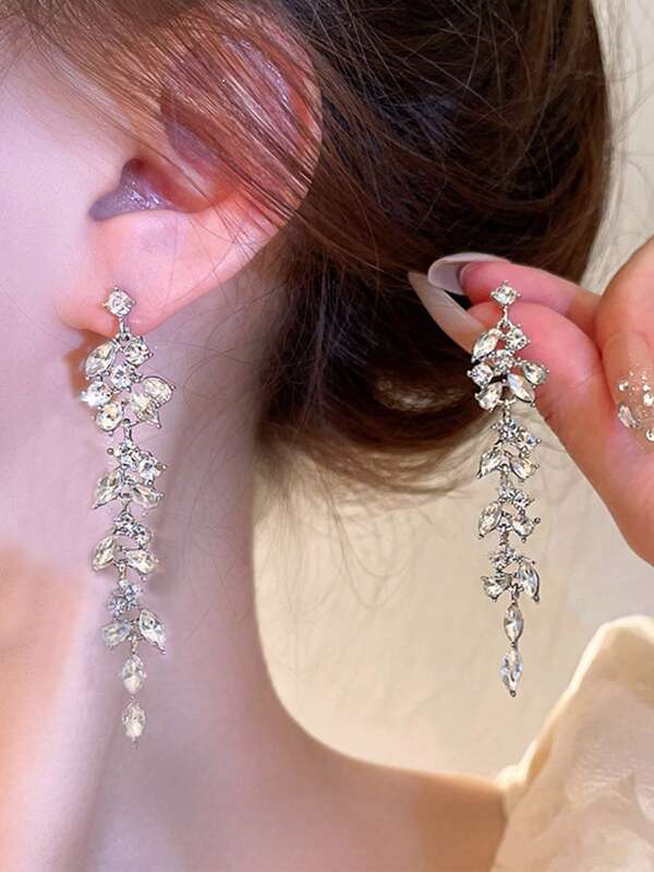 1pair Bridal Silver Plated Rhinestone Leaf & Geometric Tassel Earrings Royal Halloween