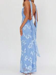 Women's Boho Floral Embroidery Jacquard Strap V Neck Halter Sleeveless A Line Plain Smocked Summer Beach Party Maxi Long Dress - 藍色 - 查看 2