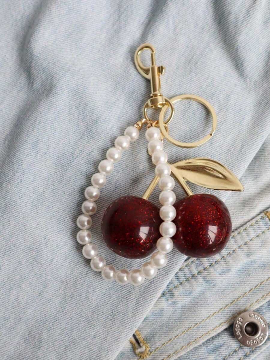 1pc Chic Cherry Keychain With Sparkling Resin Pendant - Alloy, Customizable C-Hook Closure For Women's Wallets & Bags ,Ideal Gift For Family, Friends, And Couples Valentine's Day Gift - Red - View 1