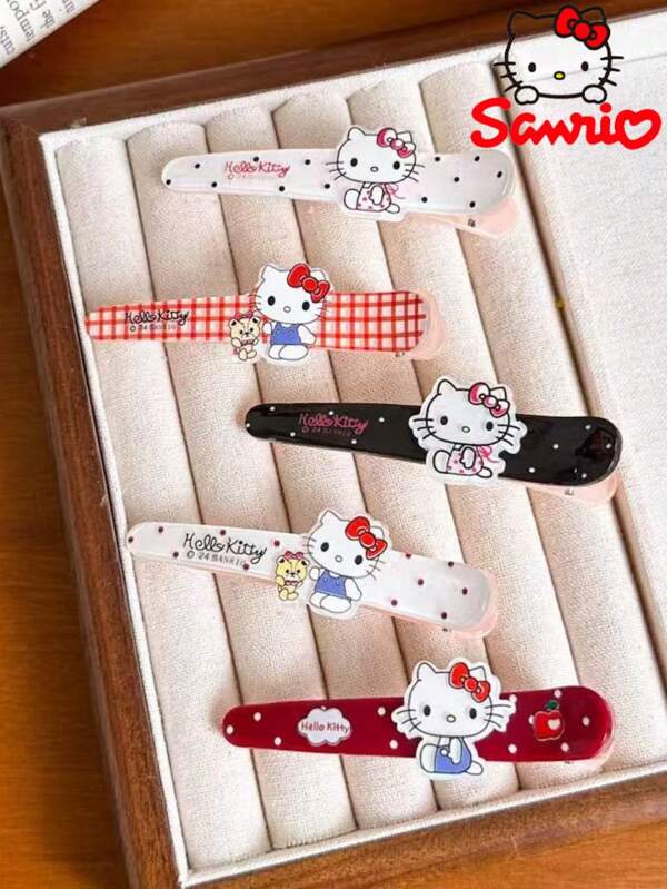 Sanrio 5pcs/Set Sanrio Acrylic Polka Dot KT Cat & Duck Bill Shaped Cute Sweet Hair Clips Bangs Hair Accessories Back To School