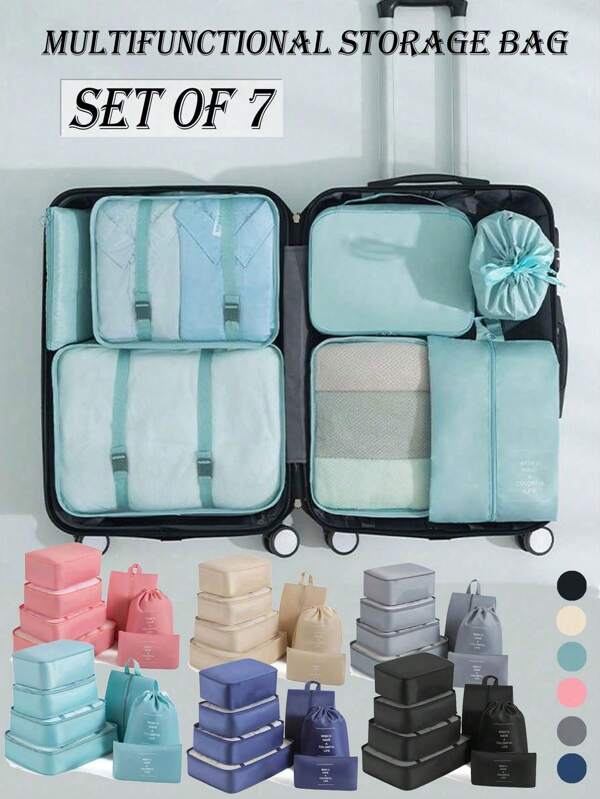 7 pièces/set Sacs de rangement pour vêtements de grande capacité, sac de maquillage pratique pour le voyage, boîtes de rangement pour articles de toilette, cubes de rangement multifonctionnels pour bagages