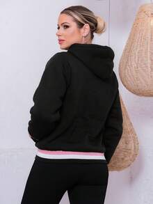 Women's Sweatshirt Simple Casual Party Pocket Zipper Drawstring - Negro - Ver 3