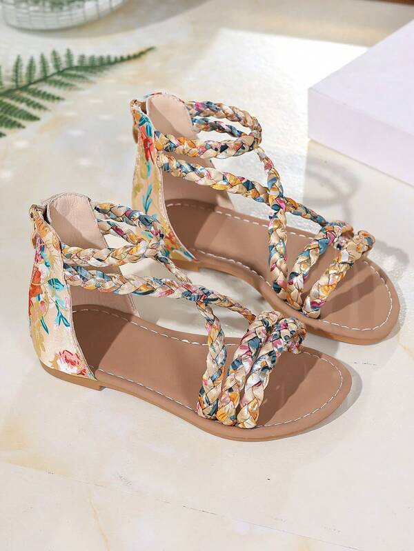 (One Size Smaller, Suggest Ordering One Size Larger)A Pair Of Girls' Lace-Up Back Zipper Flat Roman Sandals