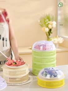 1pc New Hollow Out Food Cover, Multi-Layer Vegetable Washing Basket, Dustproof & Anti-Fly Leftover Food Storage Cover, Cartoon Cat Perforated Food Dome With Lid, For Table, Summer