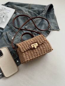 Fashionable Retro Personalized Straw Handbag, Versatile For Outings, Vacation, Beach, Woven Mini Square Crossbody Bag - Khaki - View 3