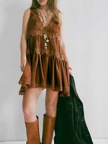 Womens Slip Lace Mini Dress Y2k 90s Vintage Aesthetic Summer Teen Girls Flowy Tiered Swing Dress Boho Coquette Drop Waist Short Dress - 咖啡 - 查看 1
