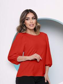 Women's Blouse With 3/4 Sleeves In Plain Dune Fabric - Coral Orange - View 2