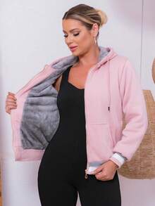 Women's Sweatshirt Simple Casual Party Pocket Zipper Drawstring - Pink - View 1
