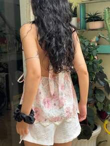 Women Y2k Lace Floral Halter Tank Tops Summer Deep V Neck Backless Ruffle Hem Camisole Y2K Peplum Top Going Out Vest Shirt Tops Streetwear Fairy Grunge Aesthetic Clothes 2000s - Hồng - Xem 2