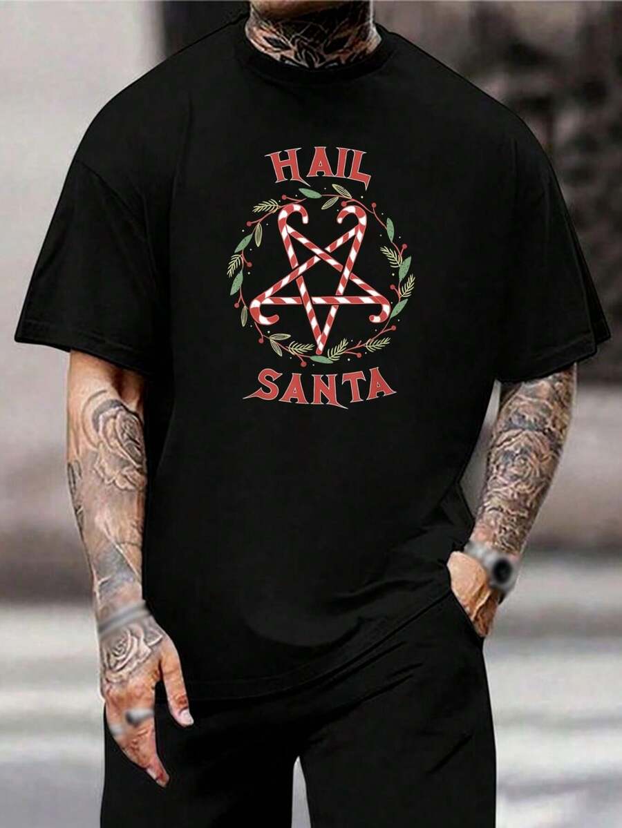 Camiseta divertida de Papá Noel satánico - Camiseta de bastón de caramelo pentagrama navideño para hombres y mujeres - Camiseta para fiestas navideñas Regalo festivo - Negro - Ver 1