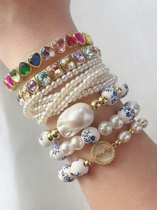 1pc Women Blue & White Porcelain Style Faux Pearl Beaded Bracelet With Colorful Rhinestone Heart Decor, Gift For Holiday Party