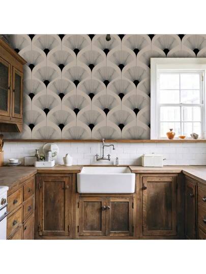 Roll Classic Fan Shaped Vinyl Self Adhesive Wallpaper, PET Seamless Peelable Contact Paper, Waterproof Moisture Proof Wand Protective Film, Removable, Easy To Install, Durable, Kitchen, Dining Room, Bedroom, Living Furniture Renovation, Rental ation, Straight Edge Matching, 17.32x118.11/196.85/393.7 Inches view 5