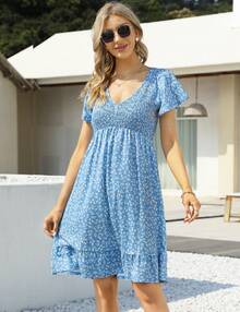 Yesfashion Women's Maternity Short Sleeve Ruffle Dress V Neck Summer Casual Smocked Flowy Midi Dress For Baby Shower Photoshoot - 天藍小碎花 - 查看 2