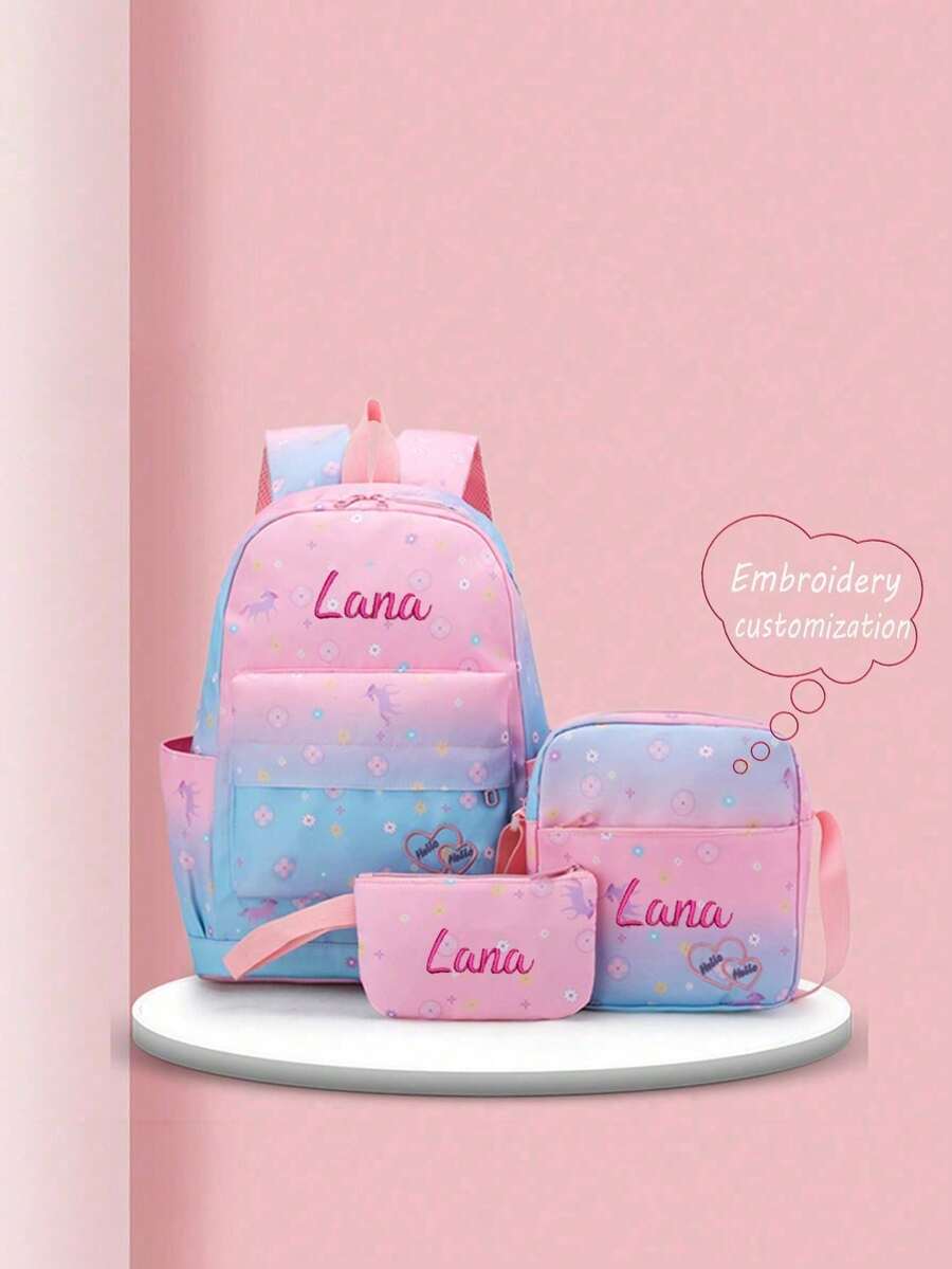 Personalized 3 Pieces Backpack Set, Embroidered Custom Name, Lightweight Waterproof Large Capacity Multipurpose Shoulder Bag For School And Travel - Multicolor - View 1