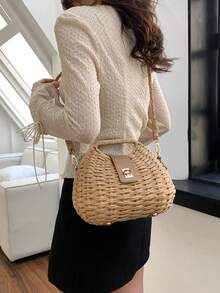 1件新款简约休闲优质草编立体包节日季沙滩风带扣小包女士单肩斜挎包