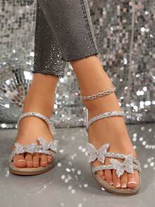 Colorful Rhinestone Bow Dual-Wear Women's Slide Sandals, Suitable For Wearing Outwardly, Fashion French Style Silver, Fit For Dating, Shopping, Party, Work Commute In Summer And Autumn,Beach Shoes - Apricot - View 4