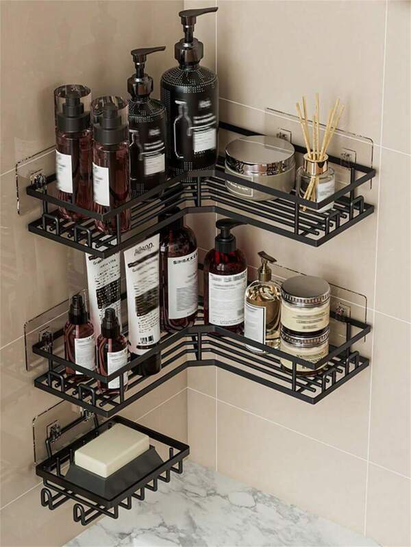 3 Pezzi Cestini da doccia angolari adesivi: 2/3 Pezzi Portaoggetti per doccia con piatto portasapone, organizer per bagno in acciaio inossidabile antiruggine, mensole da parete senza foratura, finitura nera, accessori per il bagno estivi