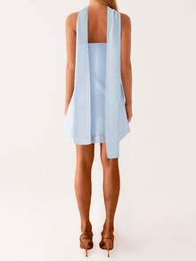 Women Mini Dress, Strapless Backless Flower/Solid Slim Fit Summer Tube Dress Clubwear With Scarf - 淺藍色 - 查看 7