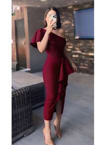 Maxivestido Mujer Premium Bandage Importación Largo Dama Volantes con zipper y abertura - Burdeos - Ver 1
