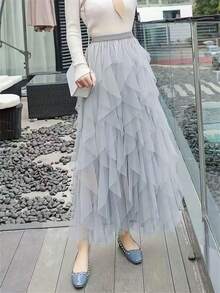 1pc Women Asymmetrical Wave Layered Cake Skirt, With Mesh Tulle Puff Skirt - Light Grey - View 2