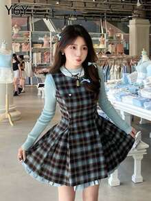 [Y6Y] 一件蓝色和棕色格子下摆拼布无袖连衣裙 | 甜美学院风连衣裙 - 藍色 - 查看 4