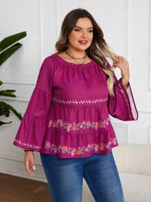 Plus Size Women Elegant Vacation Purple Bell Sleeve Graphic Print Round Neck/Off Shoulder Top Summer