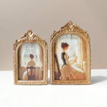 1pc Classical Retro Photo Frame, Vintage-Style Faux Wooden Carving Frame, Decorative Desktop/Wall Picture Frame, Gold Flower Design, Wedding/Home Decor, Resin Framed, Vintage Literature & Lighting Theme, Luxury Embossed Hanging Ornament, Elegant Home Accessory