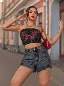 Shorts Denim Desfiados Desgastados de Cintura Alta Lavados da Moda