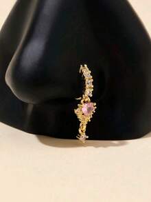 1 件优雅银铜鼻环配粉色方晶锆石心形吊坠 - 百搭奢华，适合日常佩戴或送礼