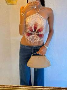 Women Sequins Halter Neck Cami Top Sleeveless Backless Flower Print Tops Tassels Summer Vest Shirts For Club Party - trắng - Xem 4