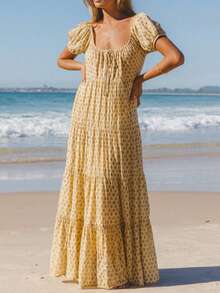 Woman Floral Puff Sleeve Maxi Dress Boho Ruffle Flowy Long Dresses Tiered A Line Summer Sundress - 黃色 - 查看 2