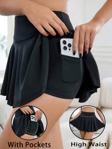 Women Tennis Skirt Women Fitness Sports Skirt With Summer Casual Solid High Waist With Phone Pocket Short Skirt Running Marathon Mini Skirt - Black - View 1