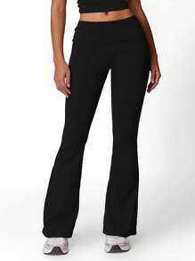 Pantalones acampanados de cintura alta negros para mujer, Pantalones de mujer negros tejidos ajustados y acampanados, de moda y versátiles