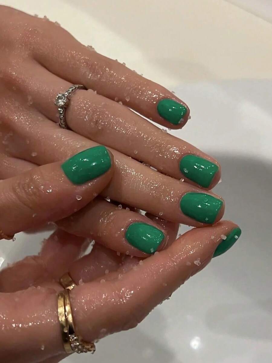 24 piezas de uñas acrílicas cuadradas cortas, diseño verde, uñas postizas completas con pegamento, reutilizables, con piedras de estrás, adecuadas para suministros de uñas de mujer - Verde - Ver 1