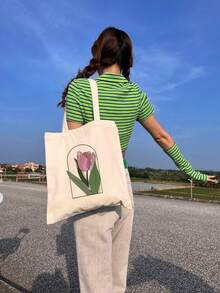 Bolso de tela con estampado de tulipanes para mujer, bolsa de compras reutilizable, plegable, de gran capacidad y estilo bohemio sencillo, adecuado para trabajo, viajes, compras, escuela, gran capacidad, portátil, apropiado para adolescentes, estudiantes universitarias y mujeres de oficina, muy adecuado para el trabajo, vuelta al colegio, escuela secundaria, universidad, vacaciones - Multicolor - Ver 3