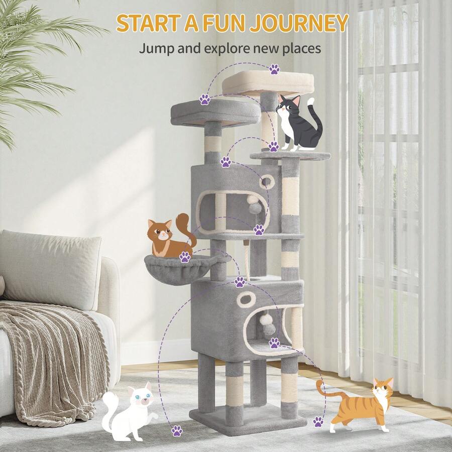 HEXCELEN 62.6" Cat Tree, Multi-Level Cats Condo With 8 Scratching Posts, Cat Tower For Indoor Cats, 3 Platforms, 2 Caves, Basket, Plush Balls, Sisal Rope, Anti-Tip Kit, Cat Tree Tower, Light Grey - 淺灰色 - 查看 1