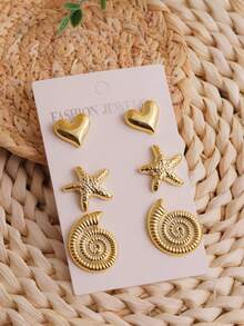 3 Pairs Simple Fashion Starfish, Heart, Seashell Stud Earrings Set - Gold - View 3