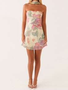 Women Mini Dress, Strapless Backless Flower/Solid Slim Fit Summer Tube Dress Clubwear With Scarf - Màu be - Xem 1