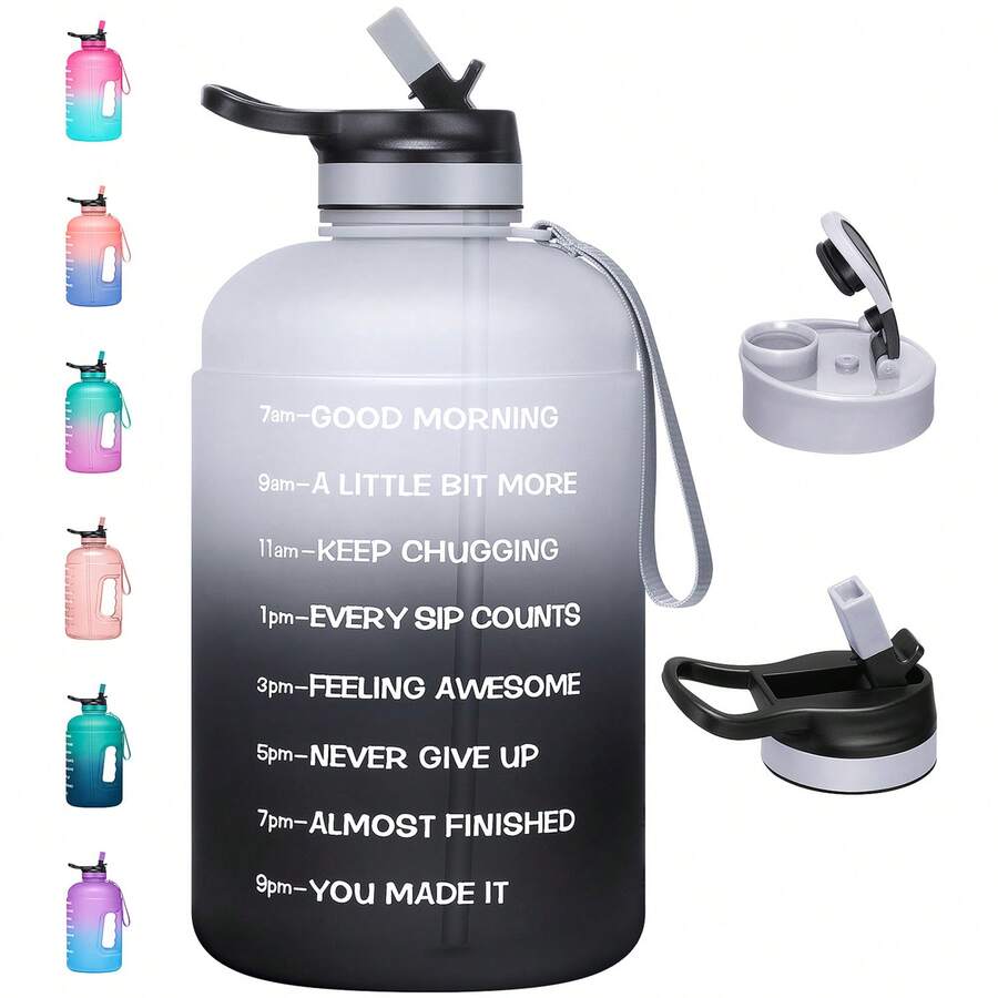 UKEIN Large 74 Oz/Half Gallon Motivational Water Bottle With 2 Lids (Chug And Straw), Sports Drink Water Jug With Time Marker For Camping Sports Workouts And Outdoor Activity - 灰黑 - 查看 1