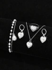 5pcs Women's Jewelry Set, Fashionable And Simple Love Pearl Women's Bracelet, Necklace, Earrings, Ring Women Jewelry Set, Suitable For Daily Wear, Gift For Friends
