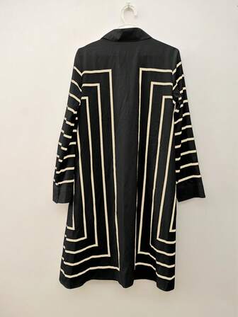 Geometric Pattern Long Sleeve Loose Button Stripe Lapel Midi Dress Shirt Dress, Polyester Fabric, Suitable For Beach, Evening, Office, Home, Spring/Summer