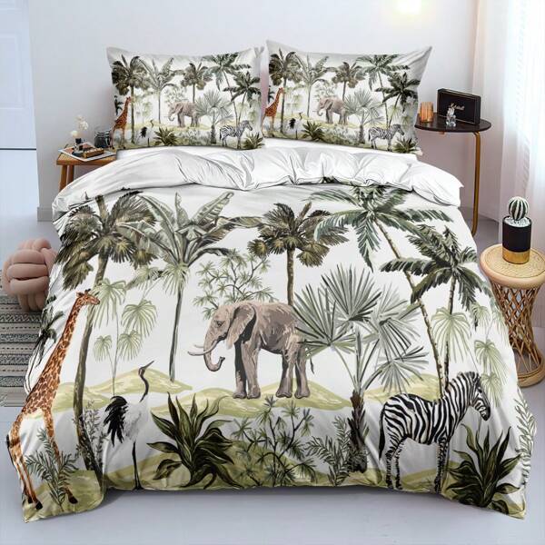 2/3pcs 3D Tropical Print Duvet Cover Set Leaf And Elephant Patterned Bedding Set(Size 135x200 Only 1 Pillowcase)
