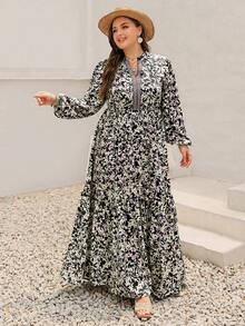 Rusttydustty Plus Size Women Vacation Style Printed Ribbon Patchwork Flowy A-Line Long Sleeve Dress Black Spring Elegant - Black - View 8