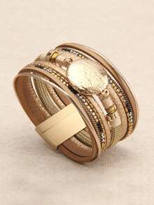 1 pieza Pulsera de color dorado de piel de PU con piedras de circonio engastadas, estilo ancho, para uso diario, regalo para la novia - Multicolor - Ver 14